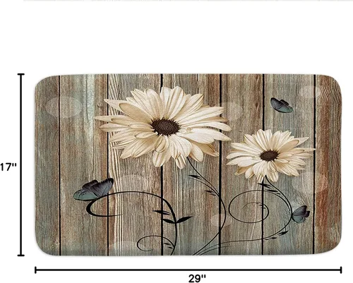 Miniatura 2 de Alfombra de baño rústica blanca floral, flores y mariposas en tabla de madera vieja, antideslizante, juego de alfombras de baño vintage