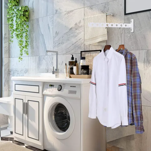 Miniatura 2 de Percha de ropa de montaje en pared, acero inoxidable, colgador de ropa para secadora, color blanco, retráctil, perchas de pared para ropa, armario