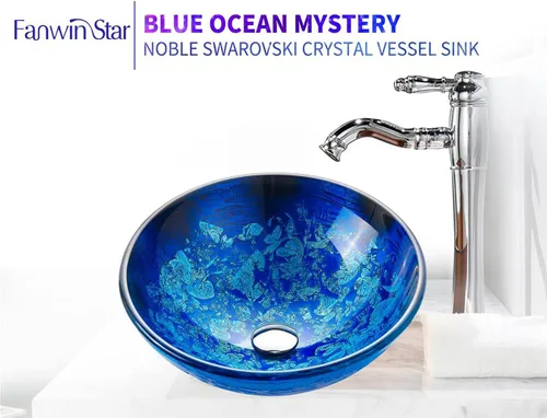 Miniatura 6 de Blue OceanMystery Series - Fregadero de baño de vidrio templado decorativo en azul estrellado Fregaderos de montaje superior sobre encimera