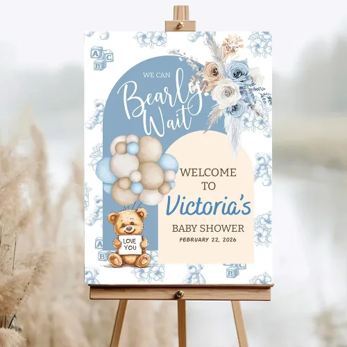 Miniatura 20 de Letrero de bienvenida personalizado para baby shower, letrero de bienvenida para baby shower con osito de peluche, póster personalizado de osito
