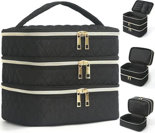 Miniatura 8 de Bolsa de maquillaje de viaje para mujer, estuche grande para cosméticos, resistente al agua, organizador para guardar artículos de tocador, A-Negro