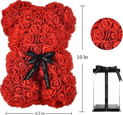 Miniatura 7 de oso de peluche hecho de rosas, diseño de rosas en cada oso, perfecto para aniversario, incluye caja de regalo transparente 10 pulgadas.