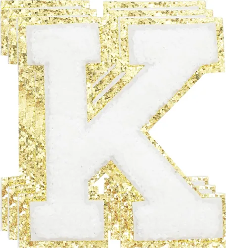 3 parches de letras de felpilla blancas con brillantina para ropa, tamaño grande de 4-1/2", parches de letras termo-adhesivas con brillantina para