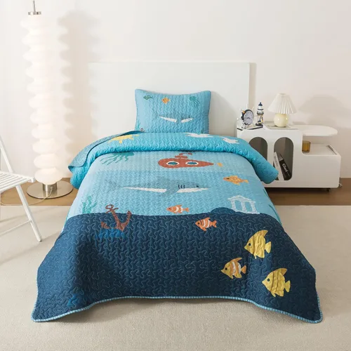 Miniatura 7 de Soul & Lane Juego de Edredón Oceánico – Queen y 2 Fundas, Ropa de Cama Acolchada Ligera del Mar para Niños, Edredón Náutico Costero con Diseño