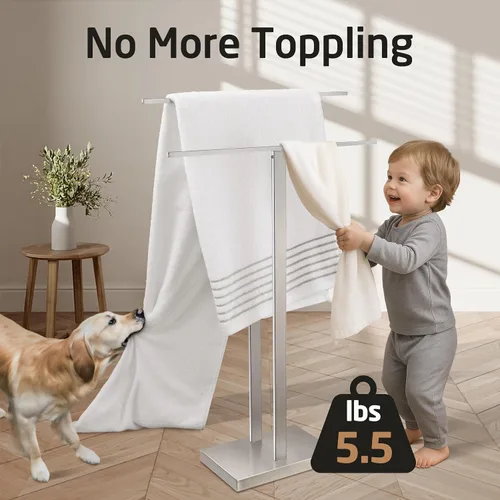 Miniatura 2 de KES Toallero independiente para baño, toallero de piso para baño con base pesada de 2 niveles, soporte doble para toallas de baño de acero Acabado