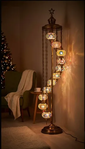 Miniatura 4 de DEMMEX Lámpara de pie con mosaico turco marroquí de 11 globos, 7 pies de alto, estilo Tiffany, lámpara decorativa bohemia con globos coloridos