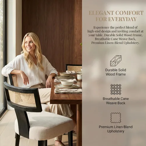 Miniatura 4 de HNY Juego de 2 sillas de comedor de ratán modernas de mediados de siglo, silla decorativa tapizada de lino de granja, sillas de cocina con respaldo