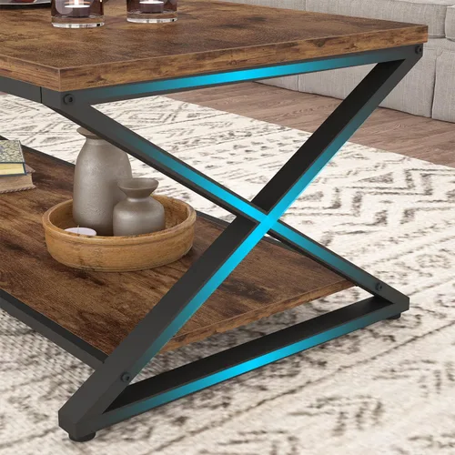 Miniatura 7 de HSH Mesa de centro de madera con almacenamiento, mesa de café rústica marrón para sala de estar, mesa central moderna minimalista de 2 niveles, mesa