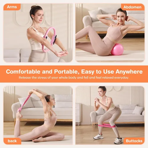 Miniatura 10 de Pilates Kit 13Pcs Home Pilates Essentials Workout Kit with 13" Ring, 10" Ball and Resistance Bands for Women at Home Pilates Equipment Set for Rosa