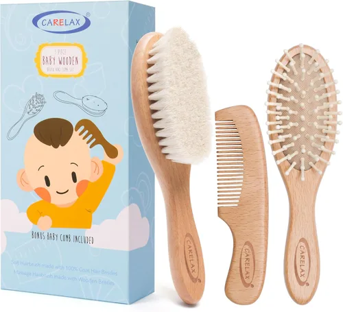 Juego de cepillo y peine para el pelo del bebé, cepillo de madera orgánica con cerdas naturales de cabra de 3 piezas para recién nacidos y niños