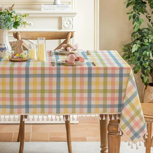 Miniatura 14 de JIALE - Mantel cuadrado de lino de algodón de cuadros Gingham con borlas, lavable, sin arrugas, mantel a cuadros de búfalo para fiesta al aire