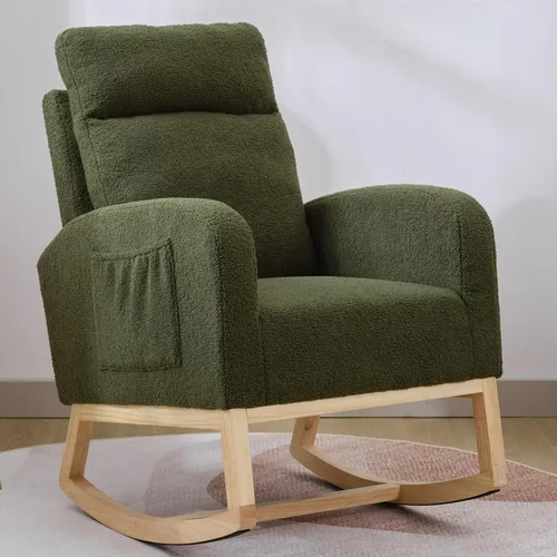 Miniatura 9 de Mecedora para Guardería con Patas de Madera Maciza, Silla Deslizante para Guardería con Bolsillo Lateral, Sillón Mecedor para Sala de Estar