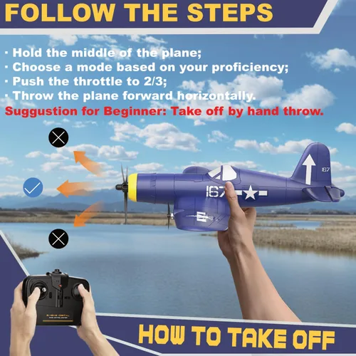 Miniatura 3 de Avión RC, avión de control remoto F4U, combate de 3 canales de 2.4 GHz con estabilizador giroscópico de 6 ejes, fácil de volar para adultos