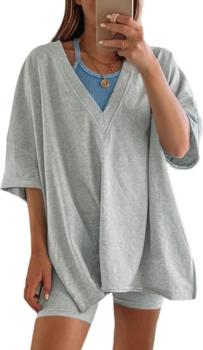 Lianlive Conjunto de 2 piezas para mujer, camisetas de gran tamaño, conjunto corto de motociclista, conjunto reversible