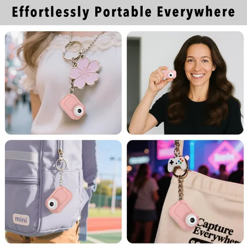 Miniatura 4 de Mini cámara con llavero con 14M 1080P FHD, mini cámara digital de bolsillo, pequeñas cámaras portátiles de 0.96 pulgadas, grabadora de video con Rosa