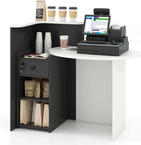 Giantex Escritorio de recepción, mostrador delantero con cajón con cerradura, mesa de pago con mesa redonda, estante de esquina y estante ajustable