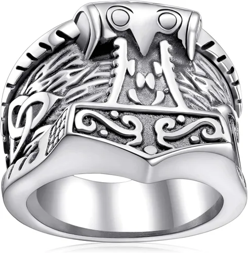 FaithHeart Norse Viking Jewelry - Anillo de acero inoxidable de guerrero para hombre con diseño vikingo de cabeza de lobomartillo de Thor,