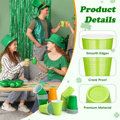 Miniatura 3 de DI QIU REN Paquete de 150 vasos de plástico verdes de San Patricio de 12 onzas, vasos desechables amarillos claros y verdes oscuros para bodas