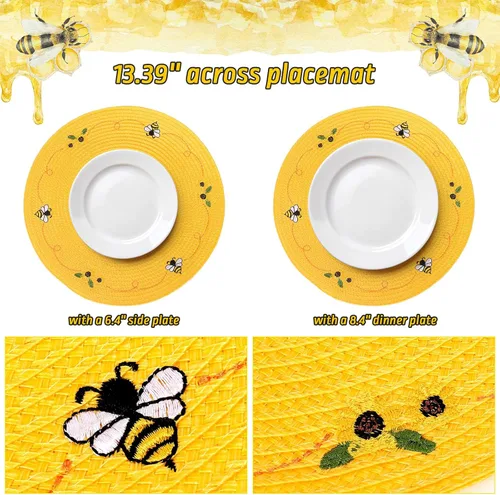 Miniatura 2 de Whaline 4 piezas de manteles redondos con diseño de abeja y girasol bordados, manteles florales para mesa de comedor en casa, para primavera