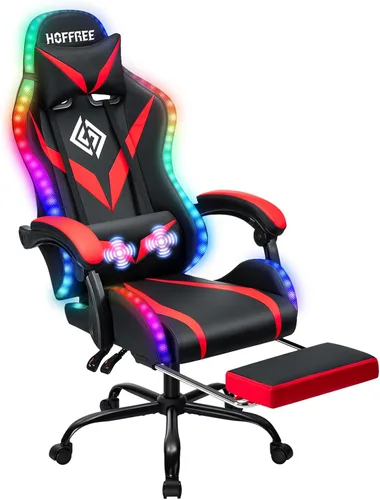 Miniatura 10 de Silla de juegos RGB con luces LED y masaje, silla ergonómica de computadora con reposapiés, silla de videojuegos de respaldo alto con soporte lumbar