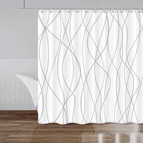 Miniatura 39 de Juego de cortinas de ducha azul egeo para baño con ganchos, cortinas de baño decorativas repelentes al agua y lavables con rayas blancas, 72 x 72