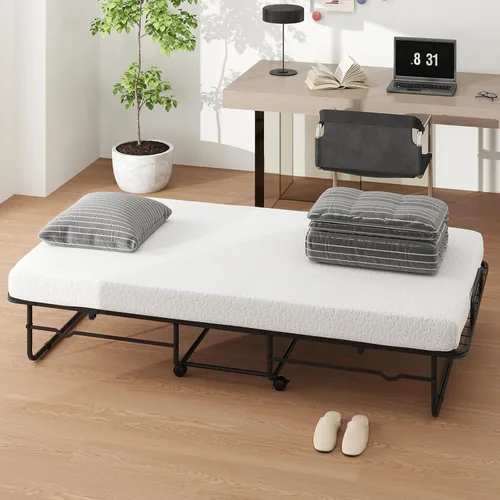 Miniatura 9 de Giantex Cama plegable individual con colchón, cama portátil enrollable con marco de metal resistente, cama plegable que ahorra espacio con colchón
