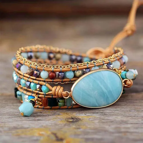 Miniatura 4 de ZOSOJONA Pulsera envolvente para mujer, estilo bohemio, con cuentas de cristal de jaspe natural, Cuero, Ágata