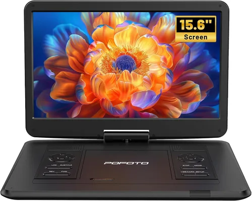 POFOTO Reproductor de DVD portátil de 17.5 pulgadas con pantalla HD grande de 15.6 pulgadas, batería recargable de 6 horas, altavoces duales, libre
