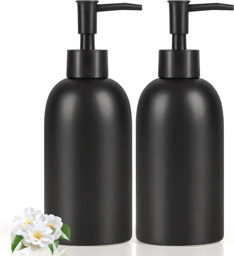 Natheeph Dispensador de jabón de cerámica de 14 onzas, dispensador de jabón de cerámica, puede llenar líquido para baño/cocina (2 unidades, negro)