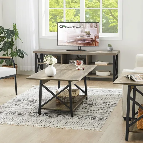 Miniatura 9 de Mesa de café GreenForest con almacenamiento, mesas de centro modernas de 2 niveles de 39 pulgadas para sala de estar, mesa de centro de diseño Gris