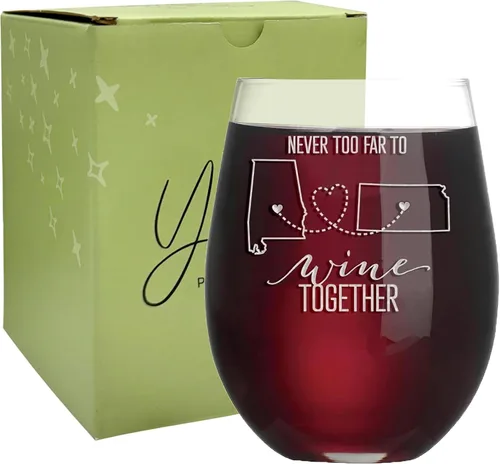 Never Too Far To Wine Together - Copa de vino personalizable de 15 onzas sin tallo para regalos de amistad a larga distancia, regalos personalizados