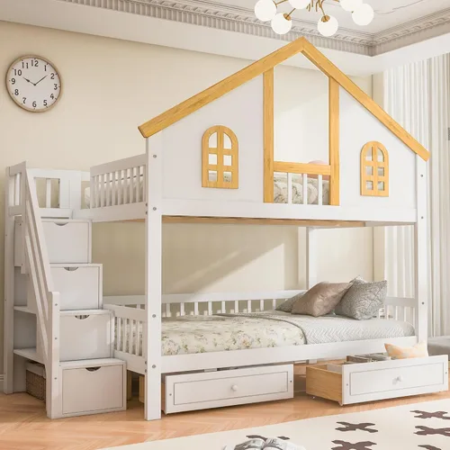 Miniatura 32 de JIVOIT Litera de madera con diseño de techo y ventanas, litera individual sobre individual con nido y escalera integrada para niños, adolescentes