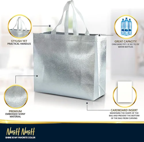 Miniatura 4 de Nush Nush Bolsas de regalo plateadas de gran tamaño – Juego de 15 bolsas de regalo plateadas reutilizables con asas blancas – Bolsa de regalo Plata