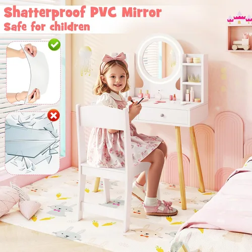 Miniatura 5 de HONEY JOY Juego de tocador para niños, juego de tocador para niñas con espejo y taburete y luces, cajones y estantes de almacenamiento, mesa