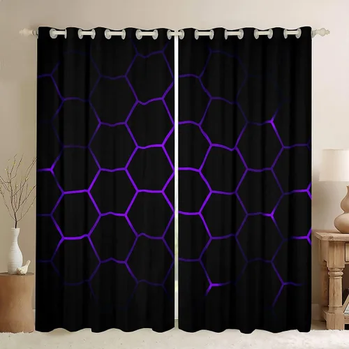 Miniatura 12 de Feelyou - Cortinas de ventana en forma de panal, tema geométrico hexagonal con luces de neón verdes, para chicos adolescentes y hombres, elegante