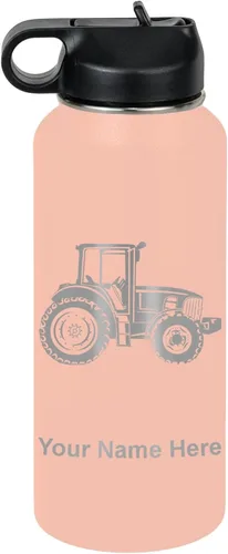 Miniatura 74 de LaserGram Botella de agua personalizada, tractor agrícola, acero inoxidable de doble pared aislada al vacío con popote superior, regalo grabado