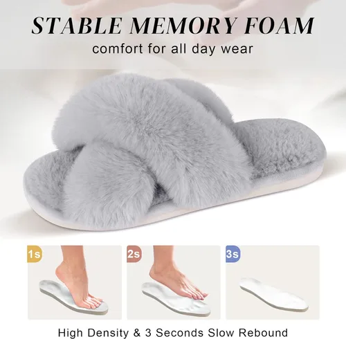 Miniatura 3 de Parlovable Women's Cross Band Slippers Fuzzy Soft House Slippers Plush Furry Warm Cozy Open Toe Fluffy Home Shoes Comfy Indoor Outdoor Slip On