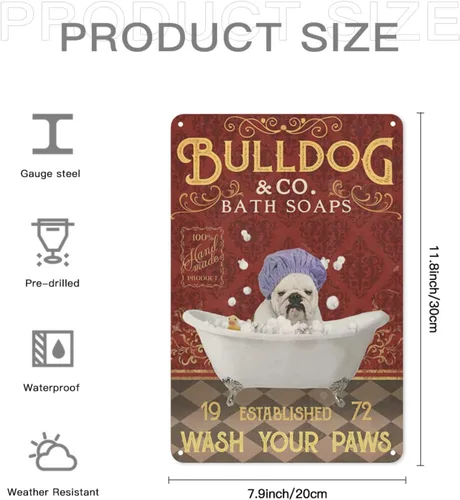 Miniatura 2 de Letrero de metal – Cartel de baño de Bulldog Wah Your Paws – Letreros de metal para decoración de pared para el hogar, oficina y casa de campo