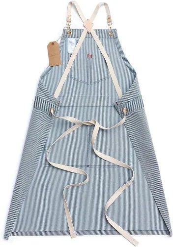 Miniatura 2 de Jeanerlor Delantales de mezclilla a rayas azules para mujeres y hombres, delantal de mezclilla con espalda cruzada, cuello ajustable, unisex, con 4