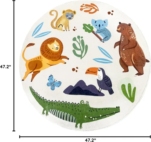 Miniatura 2 de Alfombra de juego para niños, alfombra circular de animales de 4 pies, alfombra redonda de zoológico para dormitorio, para niños y niñas, decoración