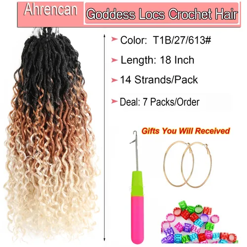 Miniatura 3 de Cabello de ganchillo Goddess Locs rubio degradado de 18 pulgadas, 7 paquetes de Faux Locs de tres tonos con extremos rizados, cabello de ganchillo