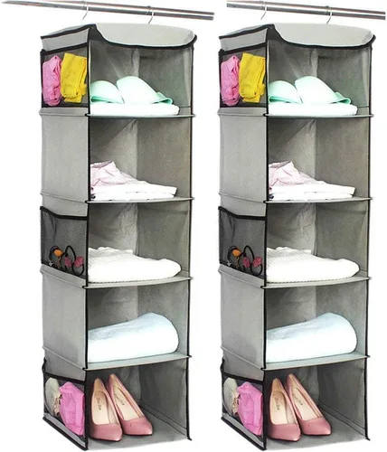 BrilliantJo Organizador colgante de armario con 5 estantes, 2 unidades de almacenamiento colgante con 6 bolsillos laterales para bolsas de ropa, 43