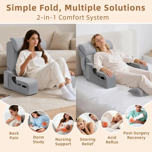 Miniatura 2 de 5 almohadas de lectura para sentarse en la cama para adultos, almohada plegable 2 en 1 con cuña para dormir, almohada ergonómica de apoyo de espalda