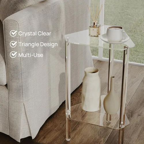 Miniatura 6 de HMYHUM Mesa auxiliar triangular de acrílico transparente, mesa auxiliar de esquina para espacios pequeños, mesa decorativa pequeña para sala