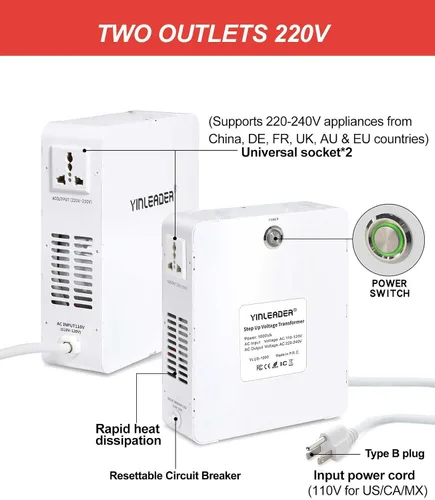 Miniatura 2 de Yinleader Convertidor de voltaje de 120 V a 240 V o 110 V a 220 V transformador elevador utilizando 220/230/240 voltios europea asiática china