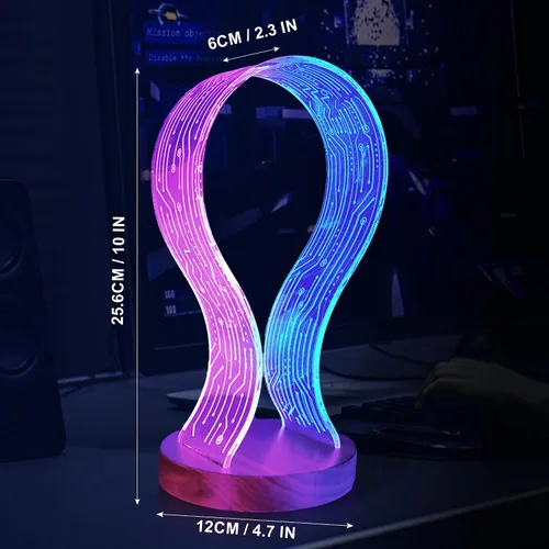 Miniatura 6 de Lampeez Soporte para auriculares con luz nocturna LED azul y rosa, madera de nogal para jugadores, amantes de la música, idea de regalo