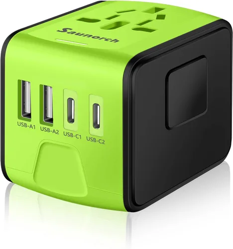 SAUNORCH - Adaptador de viaje para todo el mundo, adaptador de enchufe internacional universal con 2.4 A, 2 USB-A y cargador de pared tipo C de 3.0