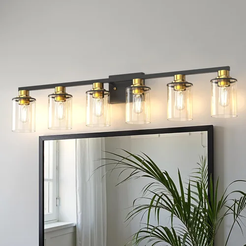 Miniatura 42 de DORESshop Lámparas de baño, 3 luces negras y doradas para baño sobre espejo con pantalla de vidrio transparente, luces de tocador para baño, Negro