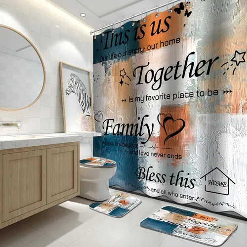 Lnond Juego de 4 Piezas de Cortinas de Ducha para Baño con Alfombras, Azul y Naranja Motivacional Hogar Familia Juegos de Baño con Cortina de Ducha