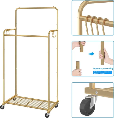 Miniatura 3 de Simple Trending - Perchero para ropa de doble varilla, estante resistente con ruedas para colgar ropa, con 4 ganchos, color dorado